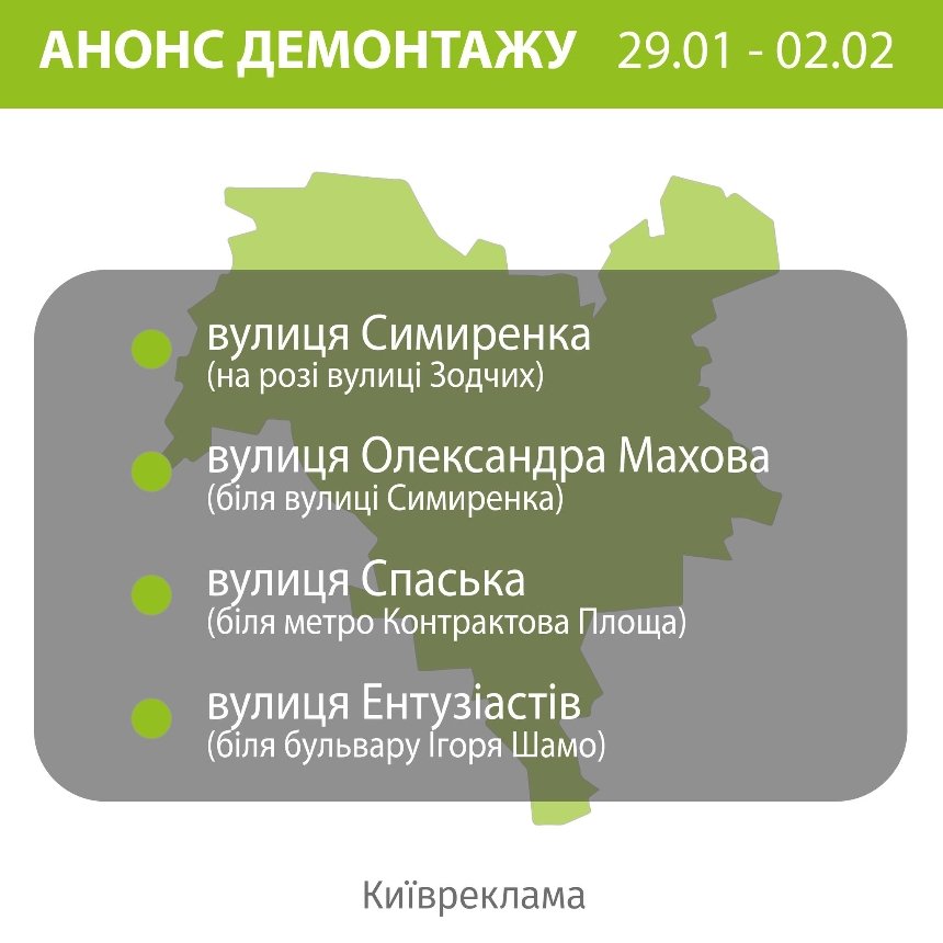 З 29 січня по 2 лютого комунальне підприємство “Київреклама” демонтаж незаконних вивісок та рекламних засобів на кількох вулицях столиці