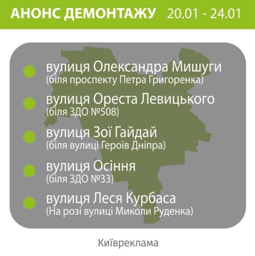 У чотирьох районах Києва демонтуватимуть незаконну рекламу: перелік локацій