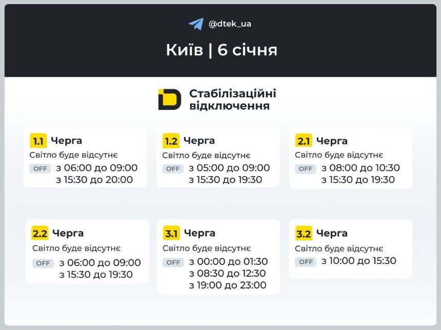Графіки відключень на 6 січня Графіки відключень на 6 січня