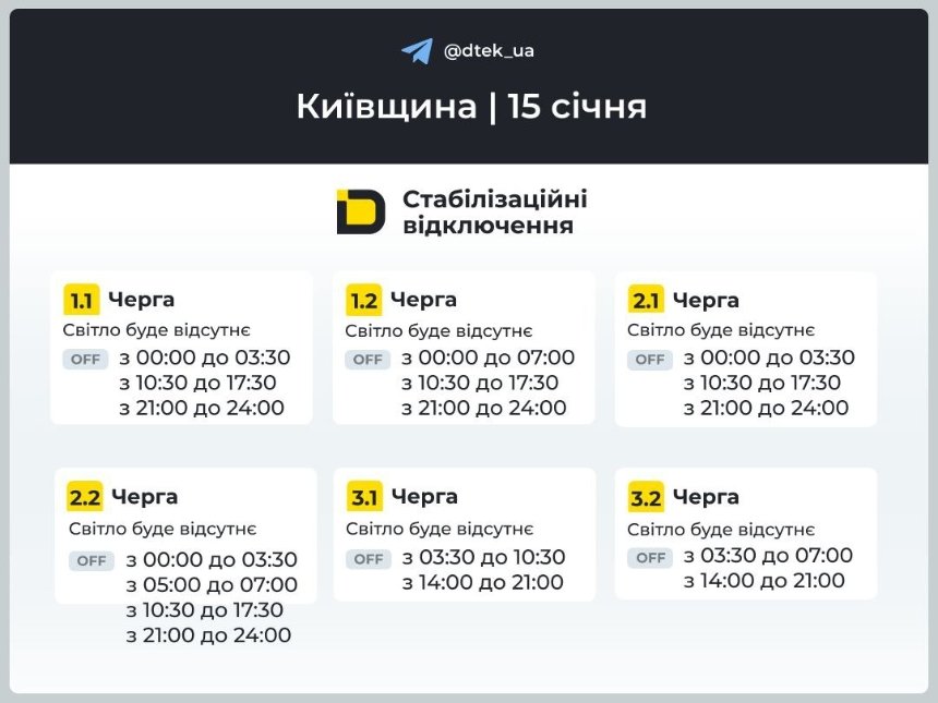 На Київщині 15 січня діють стабілізаційні відключення світла