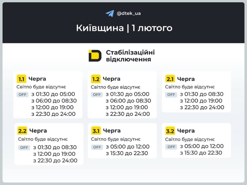 У Київській області 1 лютого діють стабілізаційні відключення світла У Київській області 1 лютого діють стабілізаційні відключення світла