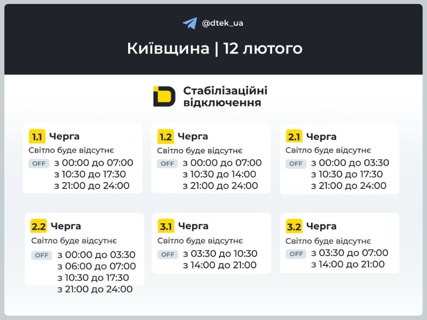 На Київщині 12 лютого діють стабілізаційні відключення світла