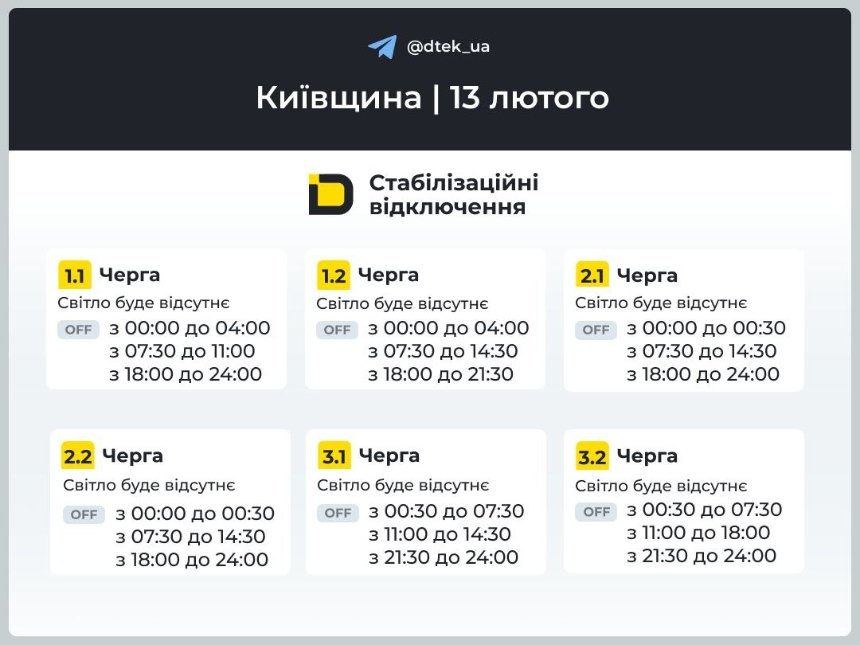 Графік відключень на Київщині 13 лютого 2026 року: ДТЕК На Київщині 13 лютого 2026 року діють стабілізаційні відключення світла: який графік