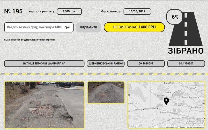 В Киеве собирают деньги на ремонт дорожных ям