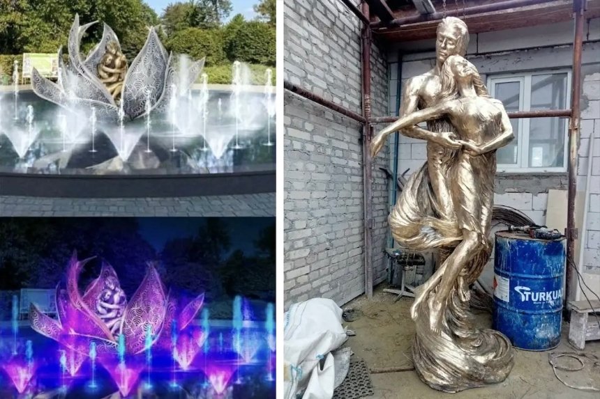 У фонтані в ботсаду Гришка встановлюють скульптуру закоханих у золотих пелюстках