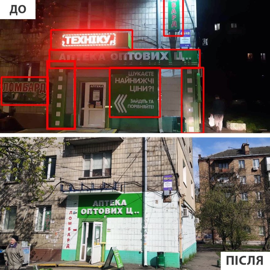 На правому березі Києва демонтували 66 рекламних вивісок: фото до і після