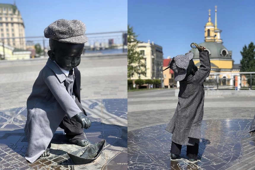 Скульптури малюків-засновників Києва перевдягли у Шерлока Холмса і доктора Ватсона
