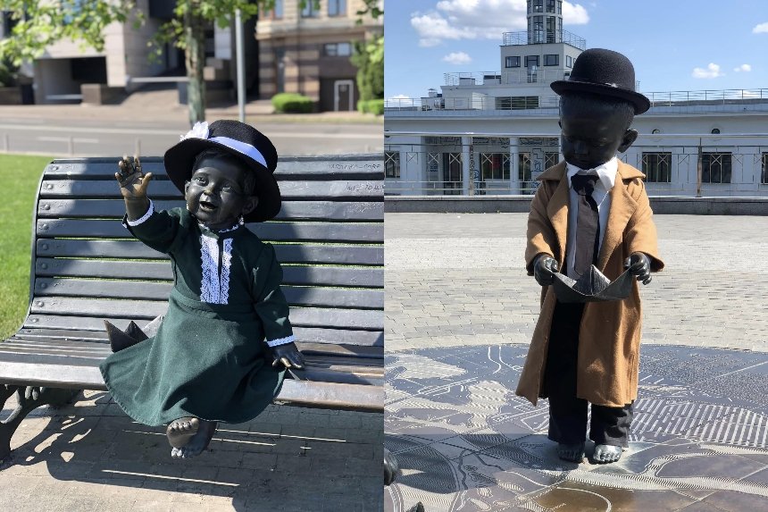 Скульптури малюків-засновників Києва перевдягли у Шерлока Холмса і доктора Ватсона