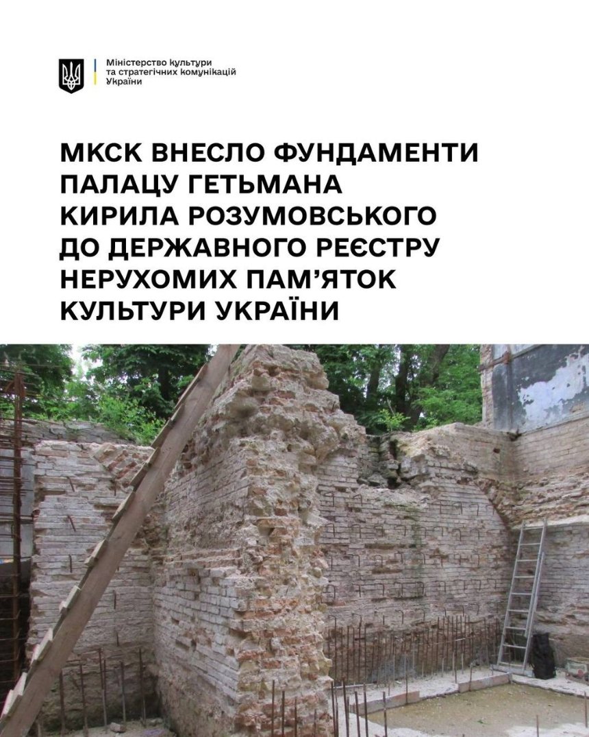 Фундаменти палацу Розумовського у Києві внесли до Держреєстру нерухомих пам’яток культури