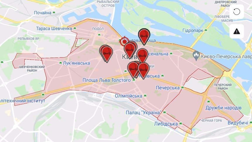 Свободные самокаты на карте Киева. Изображение: AIN.UA