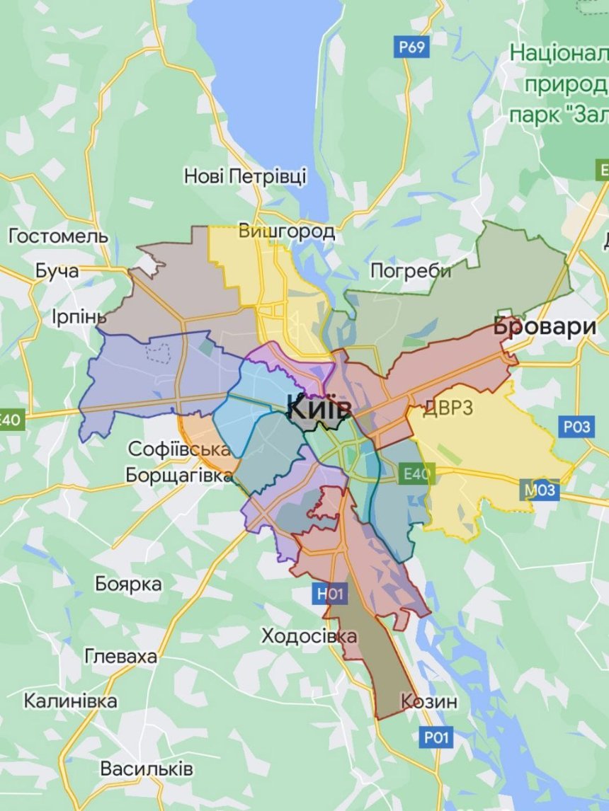 Мапа ймовірного адміністративного поділу Києва з 16-ма районами