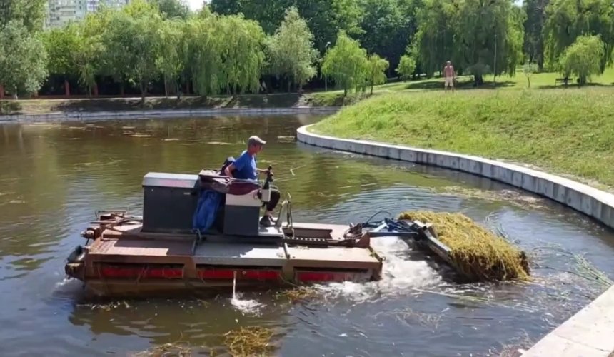 У парку “Відрадний” очищають озеро від очерету та водоростей: деталі