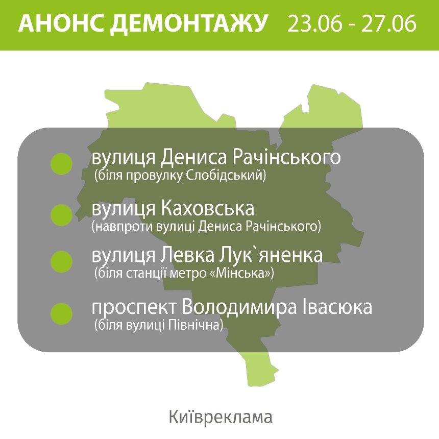 23-27 червня 2025 року Києві демонтуватимуть незаконну рекламу: де саме