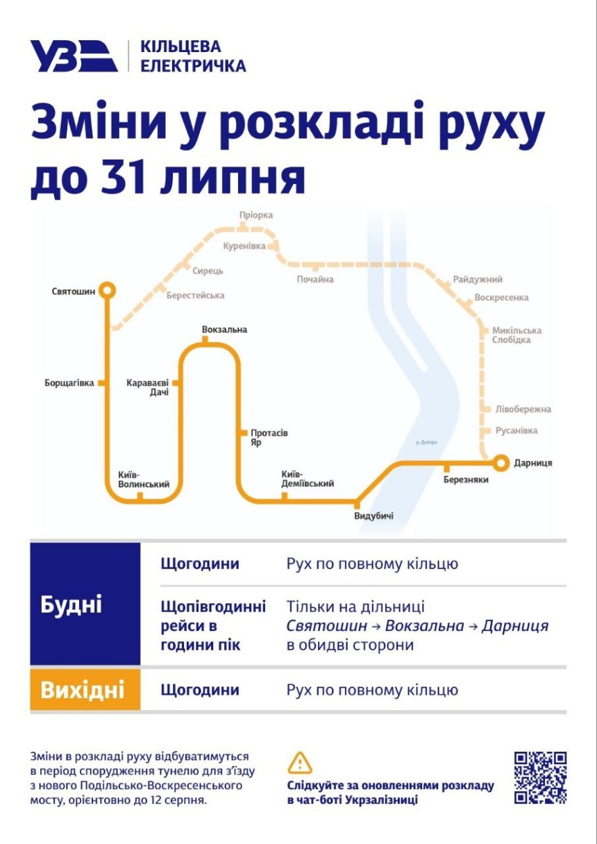 Міська електричка Києва змінить свій графік до 31 липня