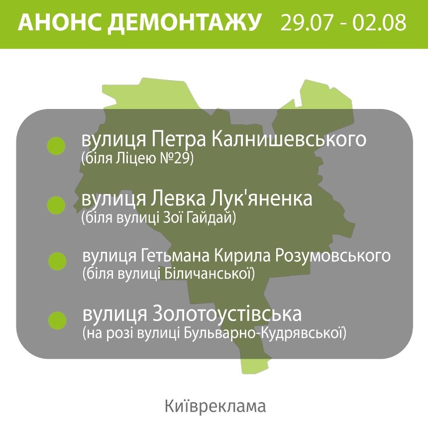 Цього тижня, з 29 по 2 серпня, з вулиць Києві приберуть незаконну рекламу.