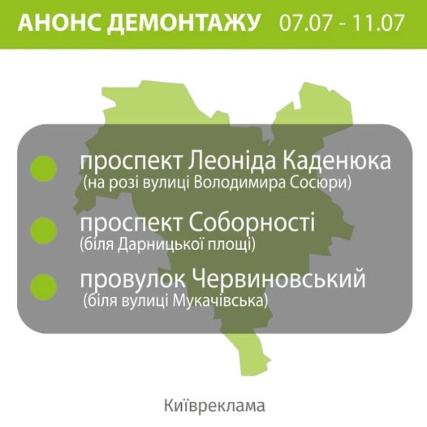 Плановий демонтаж незаконної реклами у Києві 7-11 липня 2025 року: адреси
