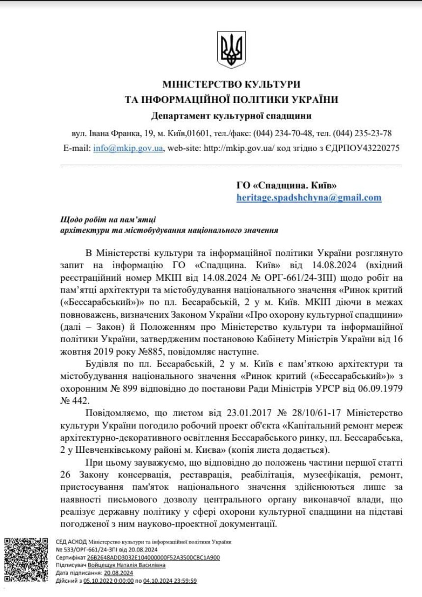 Міністерство культури та інформаційної політики України не надавало дозволу на проведення ремонтних робіт у приміщенні Бессарабського ринку: що відомо