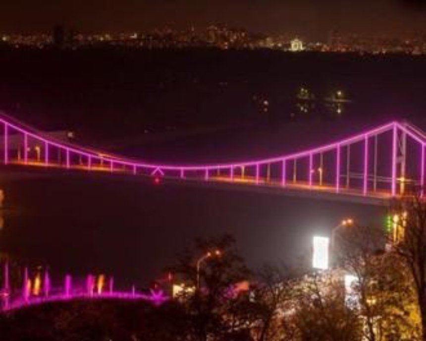 Киевский мост подсветили розовым из-за рака груди