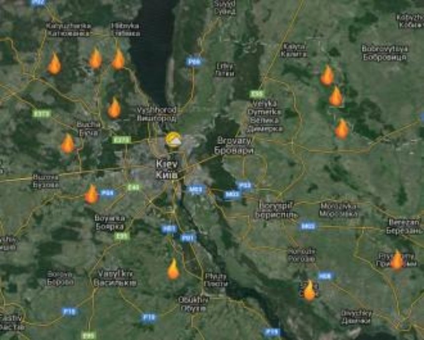 Составлена карта всех пожаров на торфяниках вокруг Киева