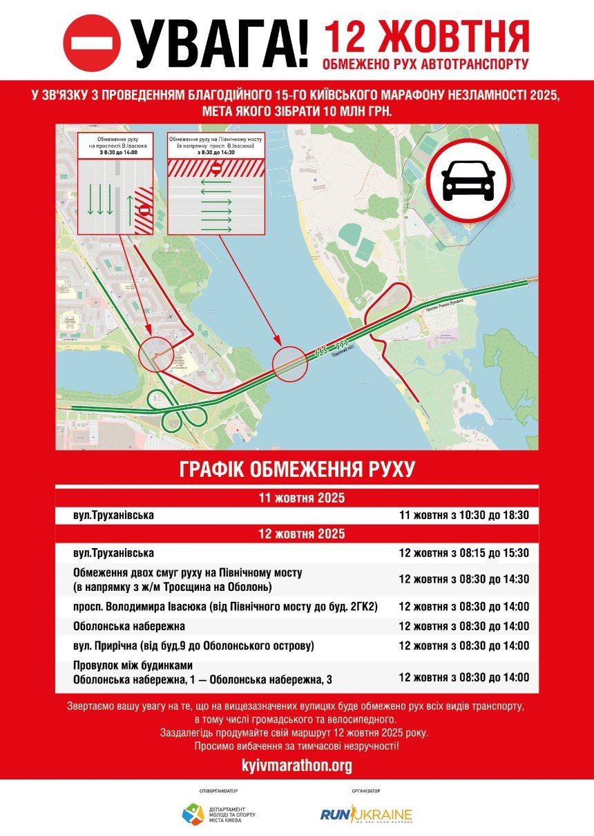 У Києві 11 та 12 жовтня обмежать рух через Марафон Незламності