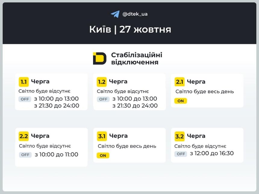 ДТЕК У Києві та Київській області впровадлили графіки стабілізаційних відключень