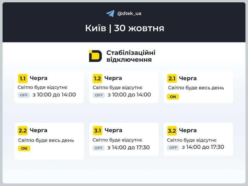 Стабілізаційні відключення у Києві 30 жовтня Стабілізаційні відключення у Києві 30 жовтня