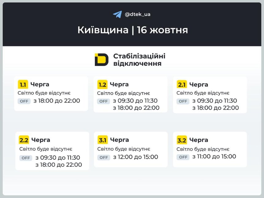 У Київській області 16 жовтня відключатимуть світло за графіком