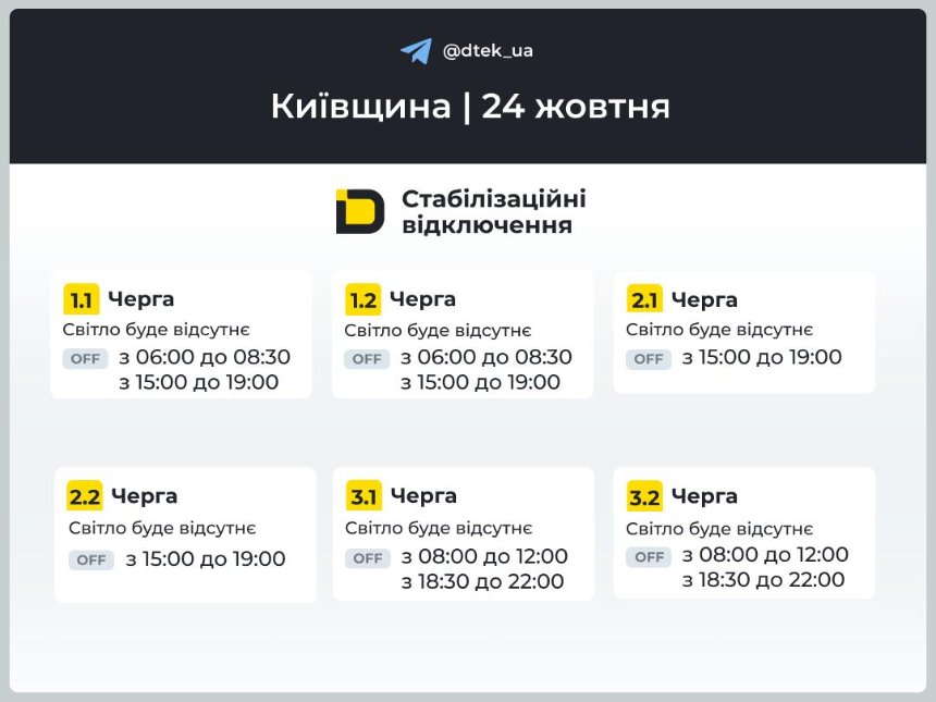У Київській області 24 жовтня відключатимуть світло