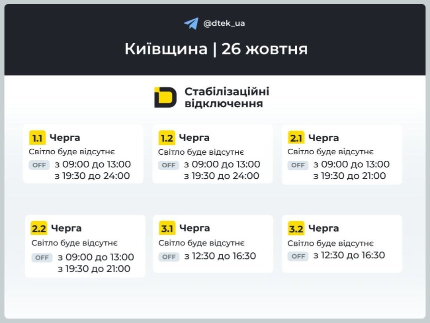 26 жовтня на Київщині відключатимуть світло