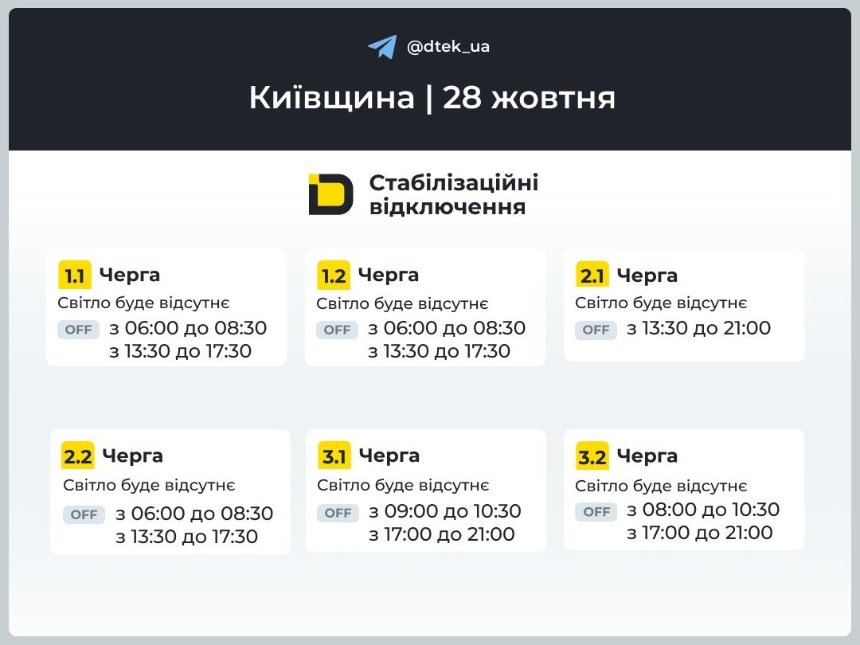 28 жовтня на Київщині відключатимуть світло