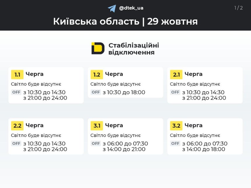 На Київщині 29 жовтня відключатимуть світло