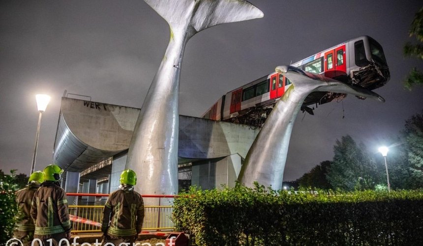 В Роттердаме скульптура китов спасла поезд метро от падения с высоты