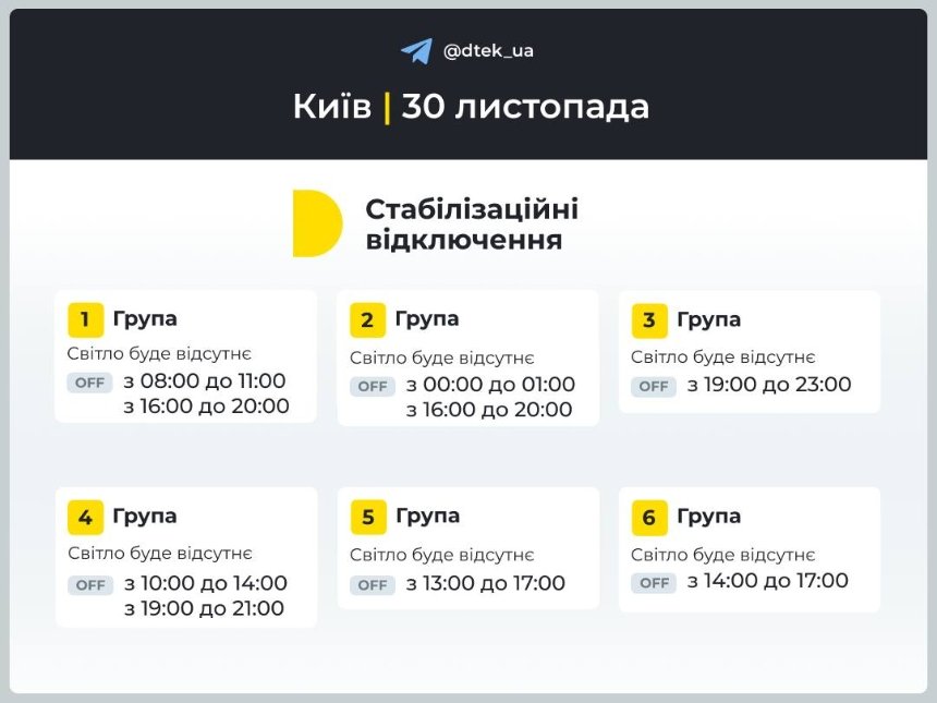 Стабілізаційні відключення у Києві 30 листопада