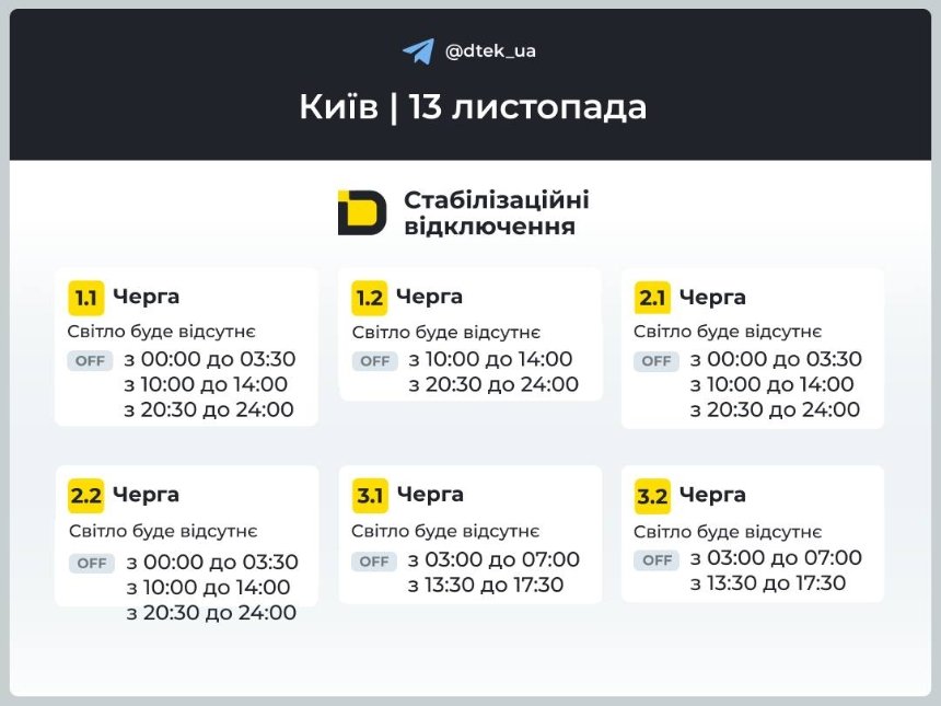 Відключення світла у Києві та області 13 листопада