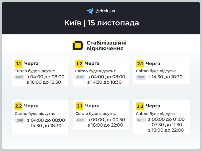 ДТЕК 15 листопада 2025 року в Києві діють графіки стабілізаційних відключень: подробиці