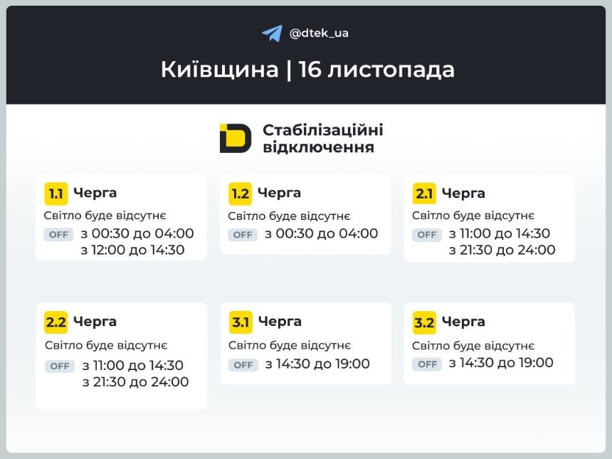 Відключення світла в області 16 листопада