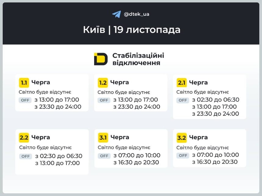 Відключення світла у Києві та області 19 листопада
