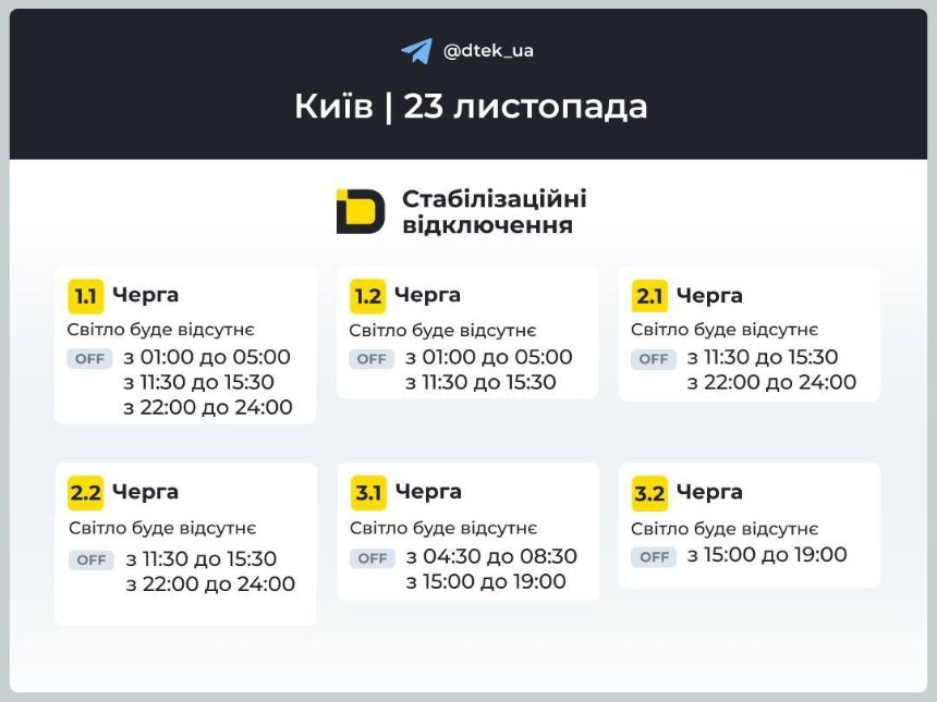 Відключення світла у Києві та області 23 листопада