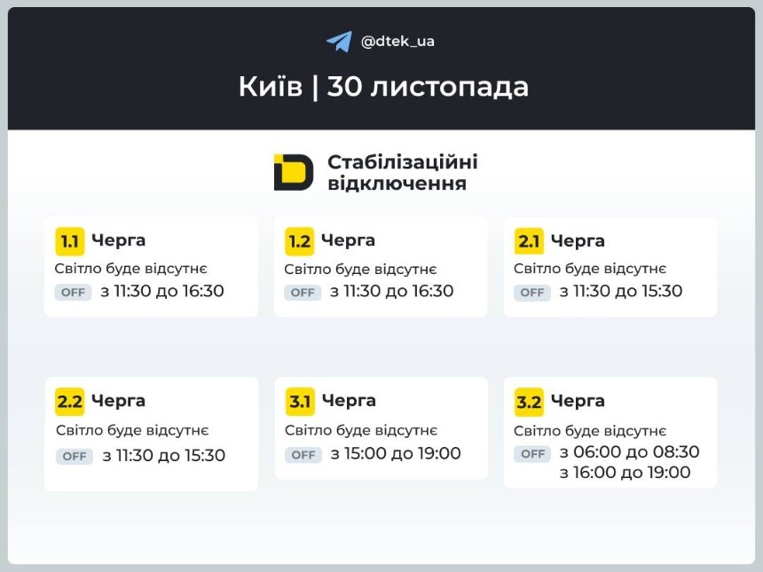 Графіки стабілізаційних відключень 30 листопада 2025 року: коли вимикатимуть світло у Києві