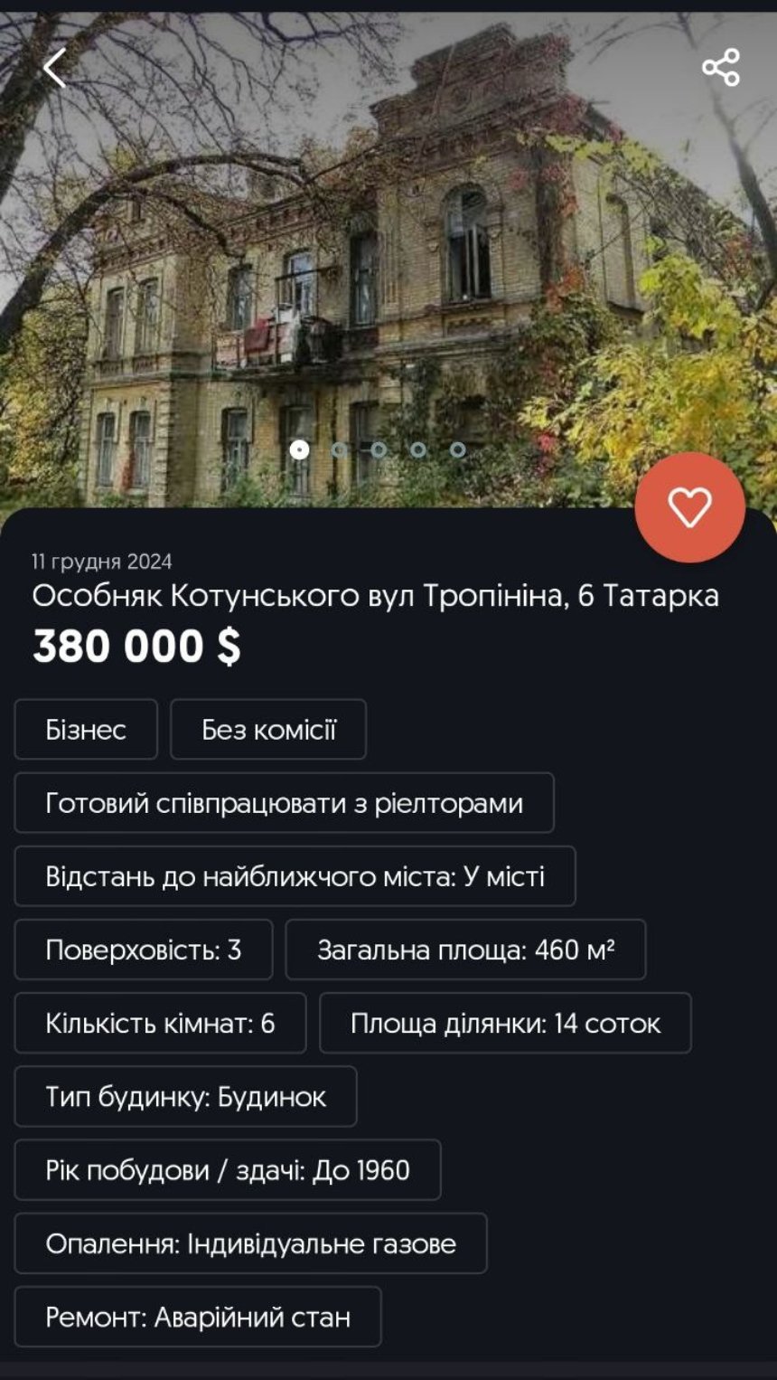 Історичний будинок Котунського 1889 року у Києві продають на OLX: яка ціна