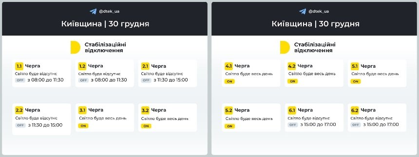 Стабілізаційні відключення у Києві 30 грудня: коли не буде світла