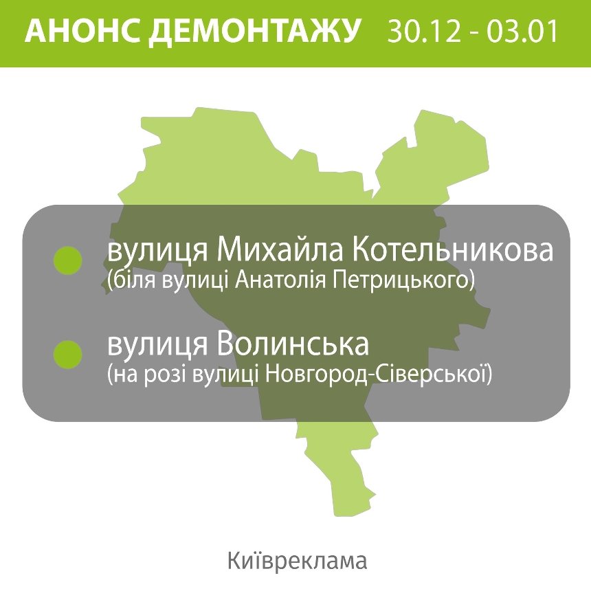 Демонтаж незаконної реклами у Києві 30 грудня 2024 року — 3 січня 2025 року: перелік адрес