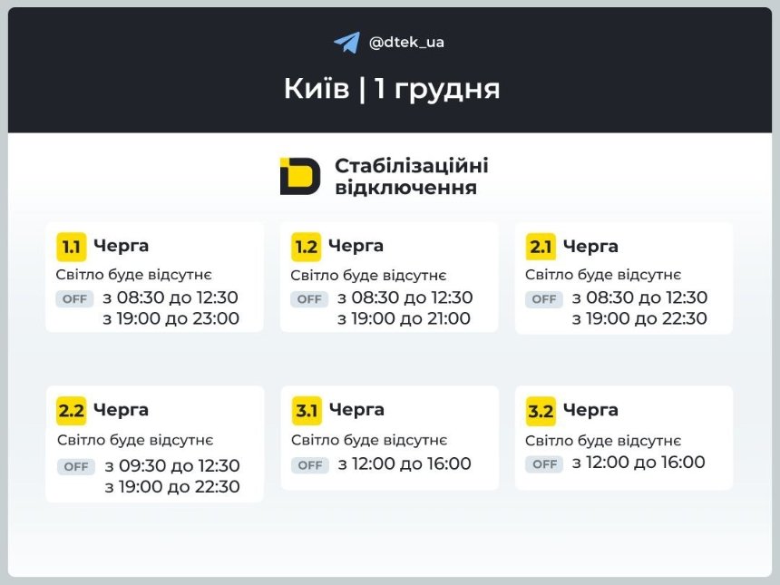 ДТЕК До кінця доби 1 грудня 2025 року в Києві діють стабілізаційні відключення: графіки ДТЕК