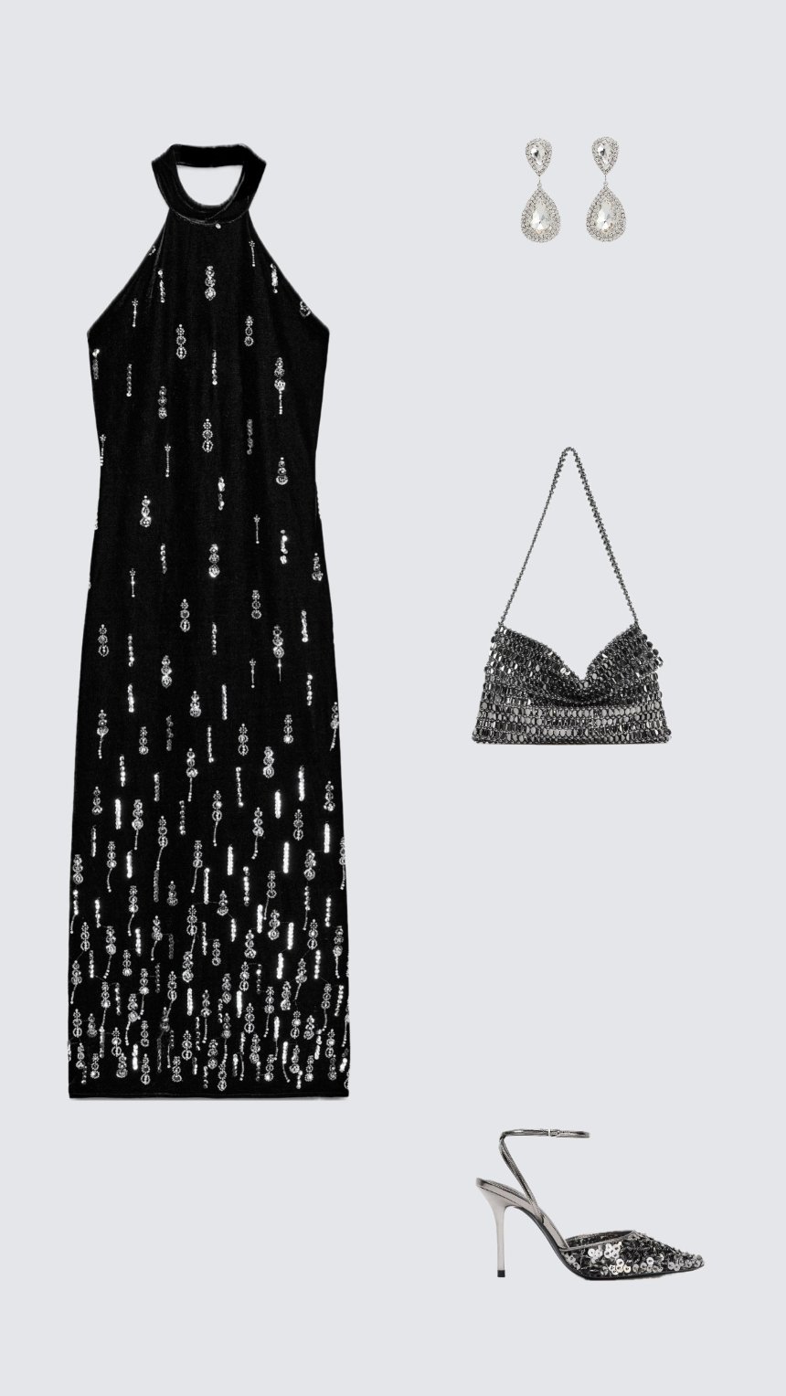 Чорна сукня з акцентною сріблястою вишивкою на Новий рік 2026