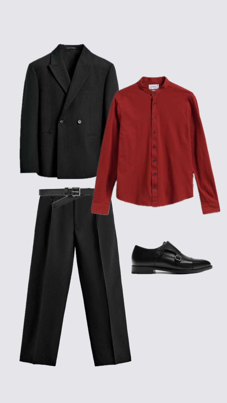 Чорний костюм з червоною сорочкою на Новий рік 2026