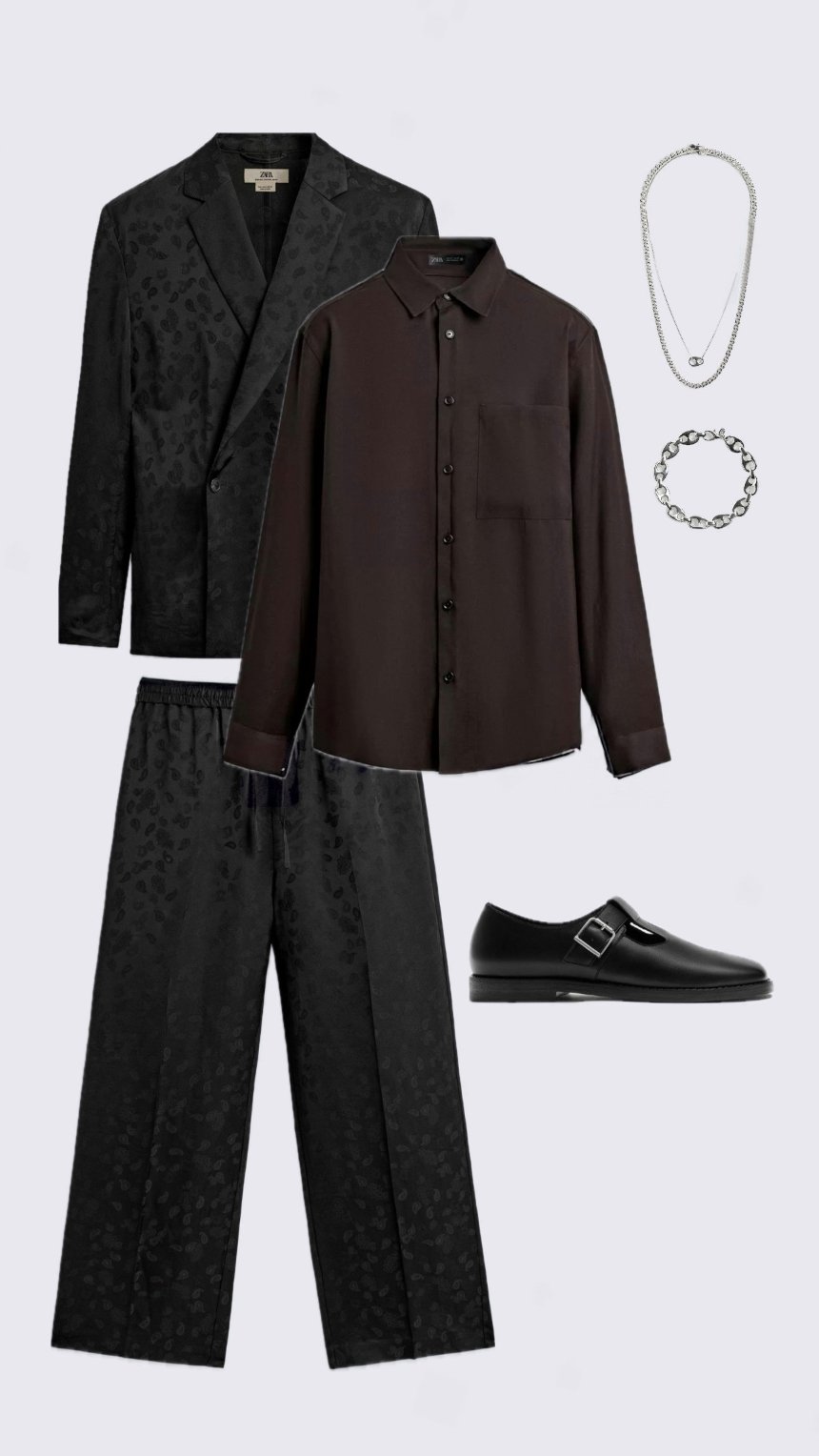 Чорний костюм із шоколадною сорочкою на Новий рік 2026