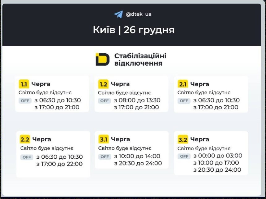 Які графіки стабілізаційних відключень світла у Києві на 26 грудня 2025 року: деталі