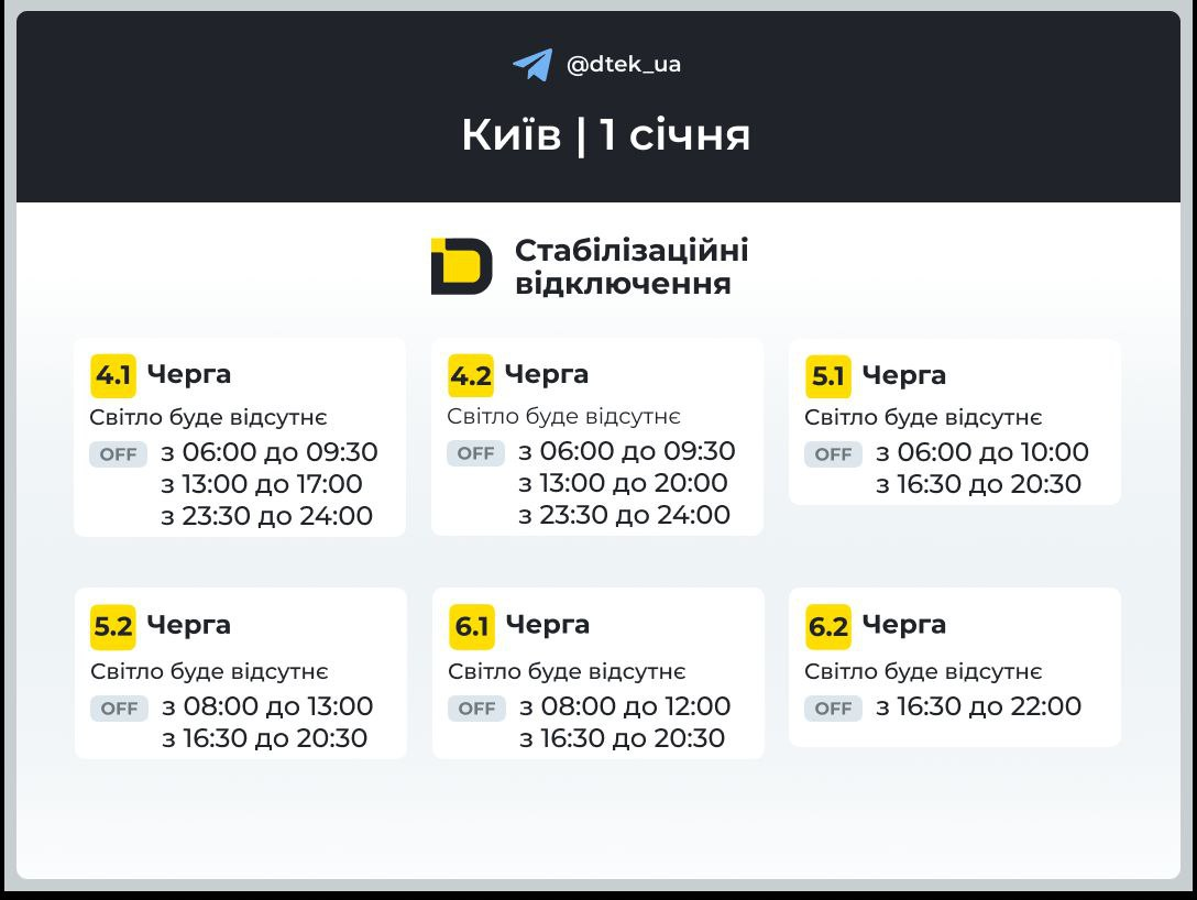 1 січня 2026 року в Києві діють стабілізаційні відключення: коли не буде світла