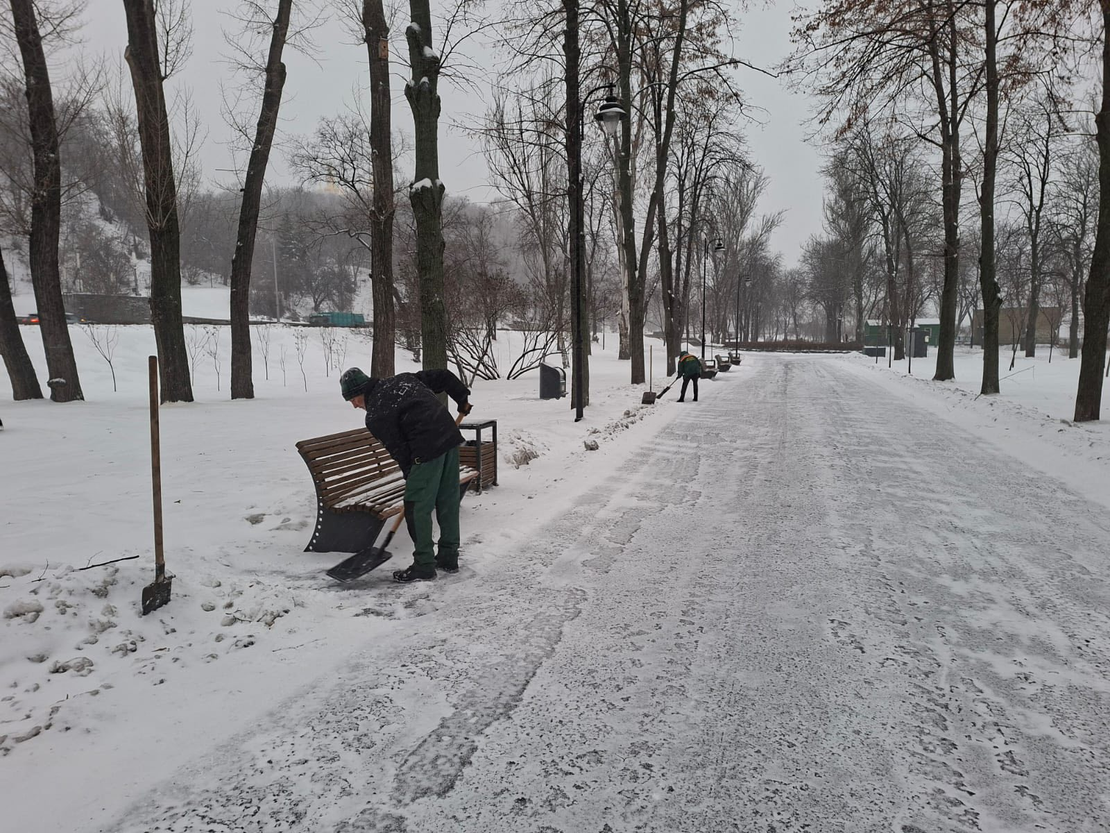Зелені зони Києва розчищають від снігу та обробляють від ожеледиці: фото