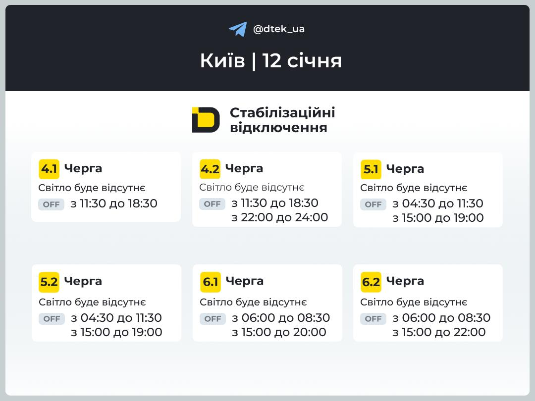 Стабілізаційні відключення світла у Києві та області 12 січня 2026 року: де діють графіки